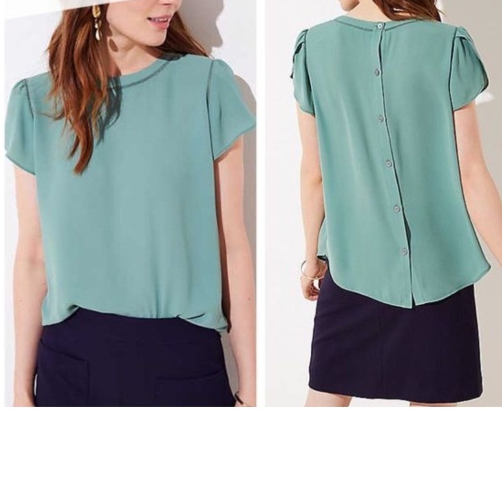 Loft Petites LP Green Button Back Flutter Sleeve Blouse Crochet Trim Top EUC